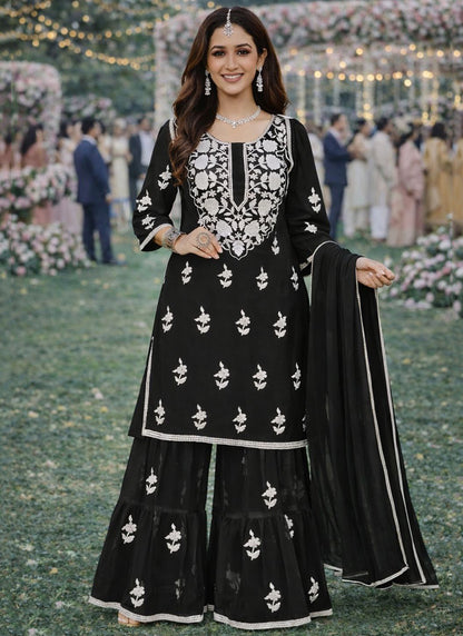 Black Georgette Embroidery Work Occasional Wear Readymade Sharara Suit SW713576