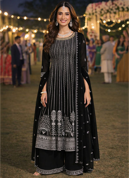 Black Georgette Embroidery Work Party Wear Readymade Plazzo Suit SW616310