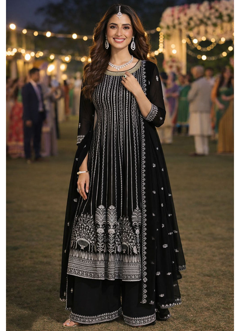 Black Georgette Embroidery Work Party Wear Readymade Plazzo Suit SW616310