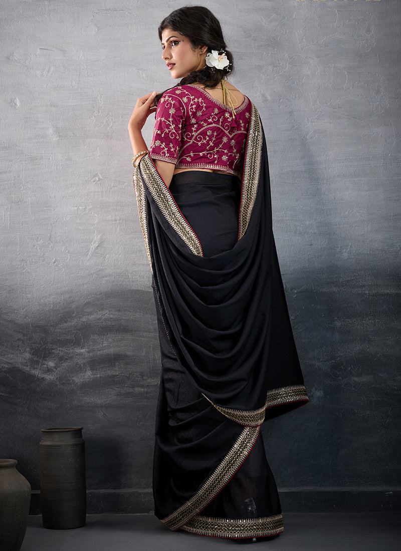 Georgette Black Party Wear Embroidery Work Saree 385559