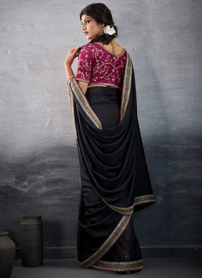 Georgette Black Party Wear Embroidery Work Saree 385559