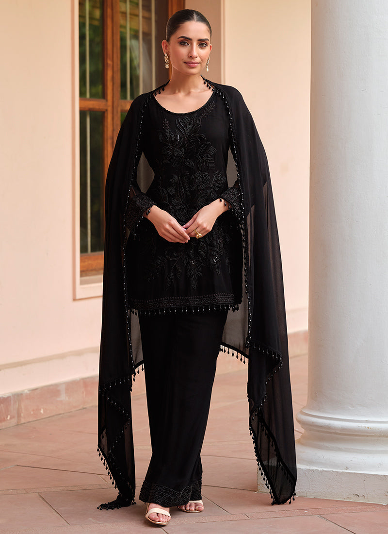Georgette Black Party Wear Moti Work Readymade Salwar Suit 386169