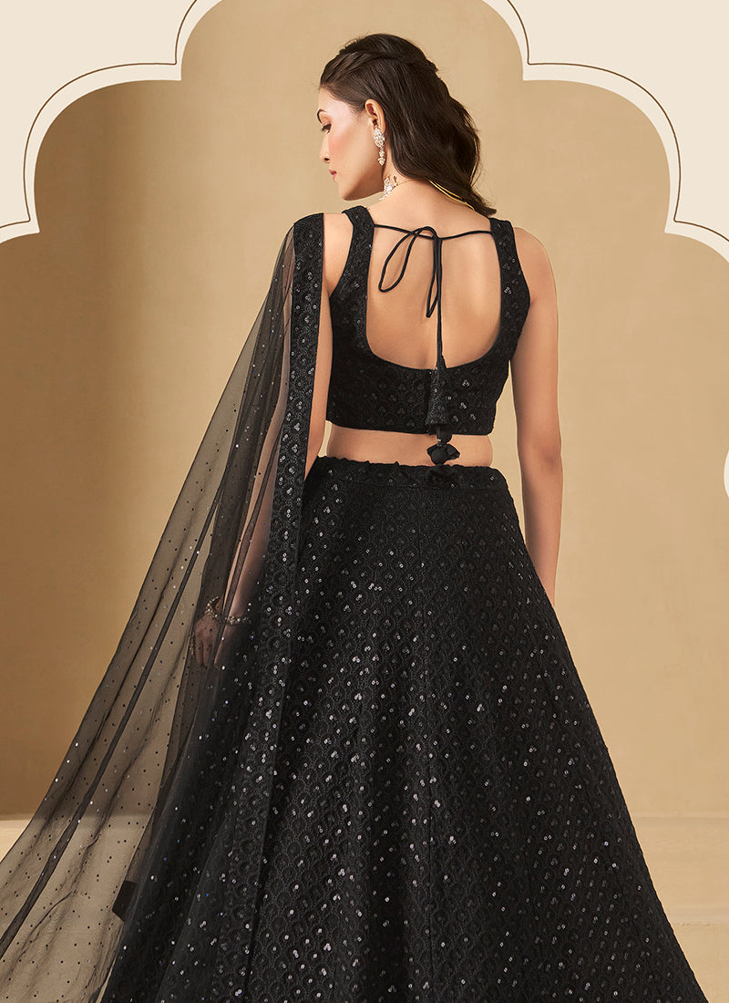 Georgette Black Wedding Wear Thread Embroidery Work Lehenga Choli 385590