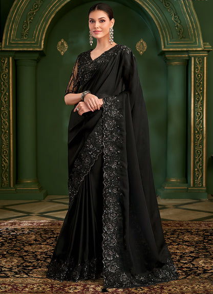 Georgette Silk Black Wedding Wear Zari Embroidery Work Saree 386654