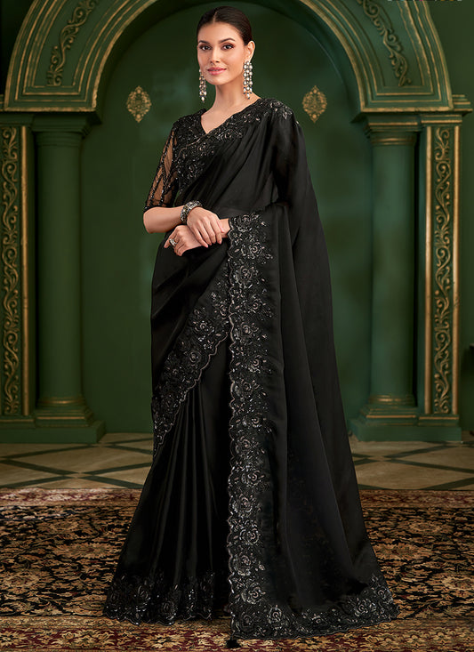 Georgette Silk Black Wedding Wear Zari Embroidery Work Saree 386654