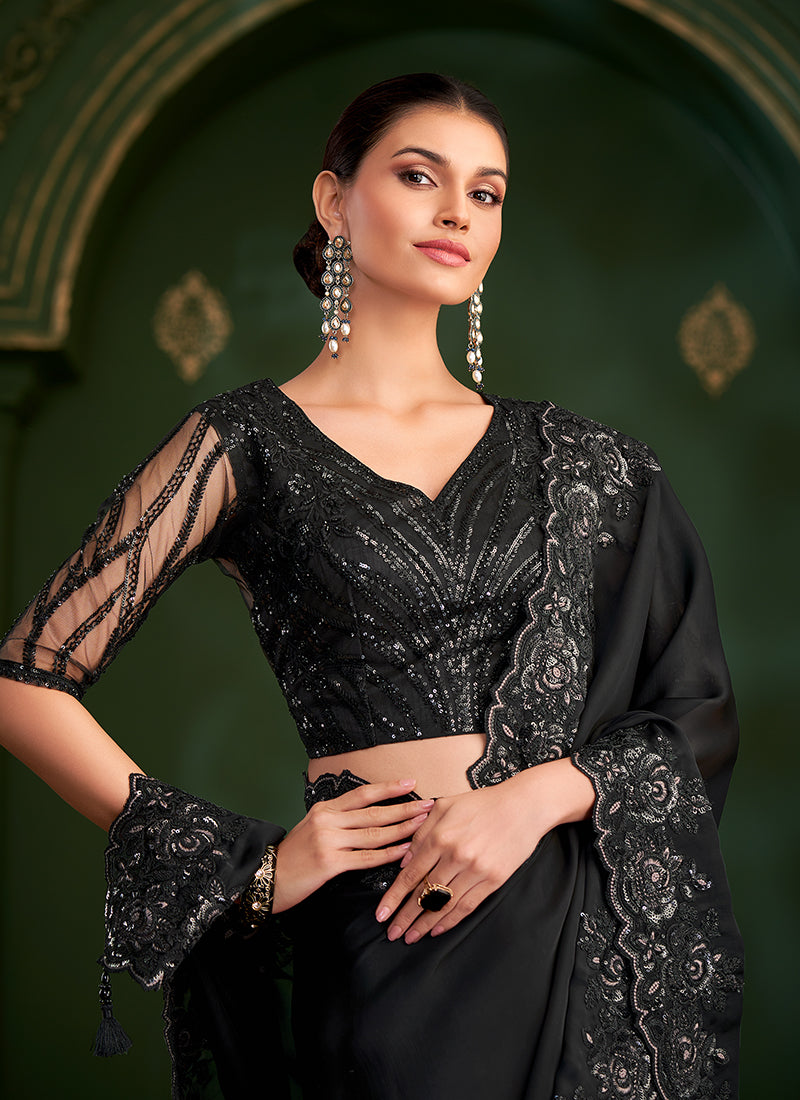 Georgette Silk Black Wedding Wear Zari Embroidery Work Saree 386654