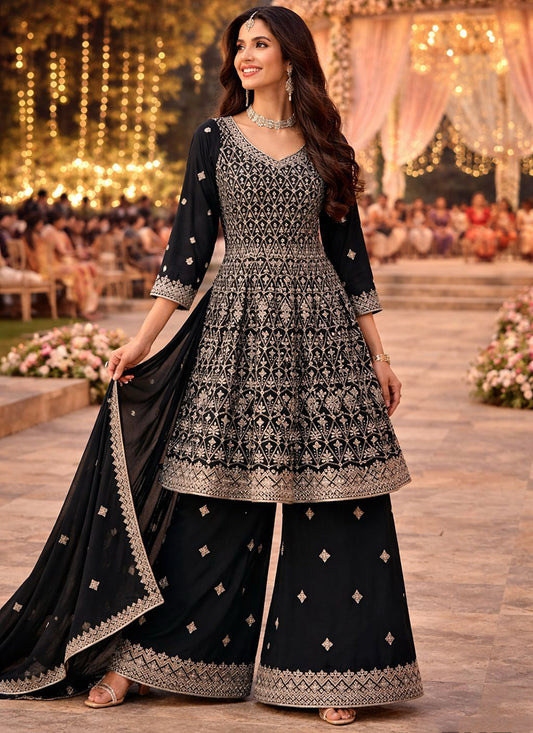 Black Georgette Embroidery Work Wedding Wear Readymade Plazzo Suit SW679578
