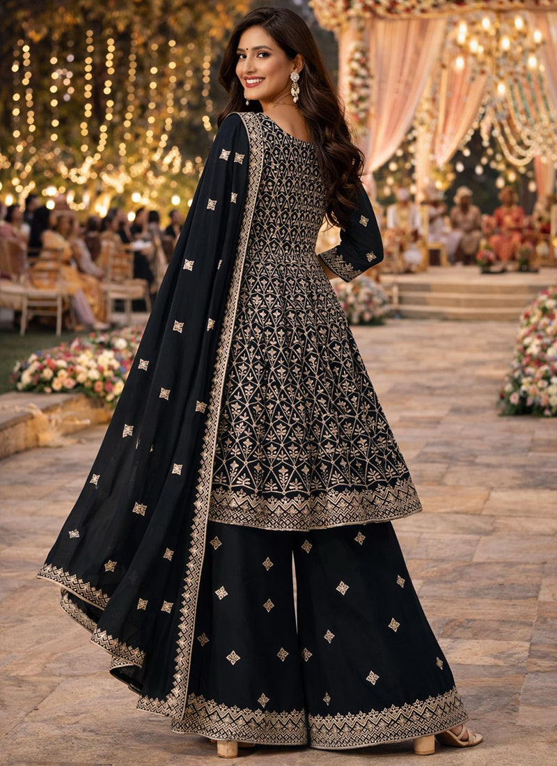 Black Georgette Embroidery Work Wedding Wear Readymade Plazzo Suit SW679578