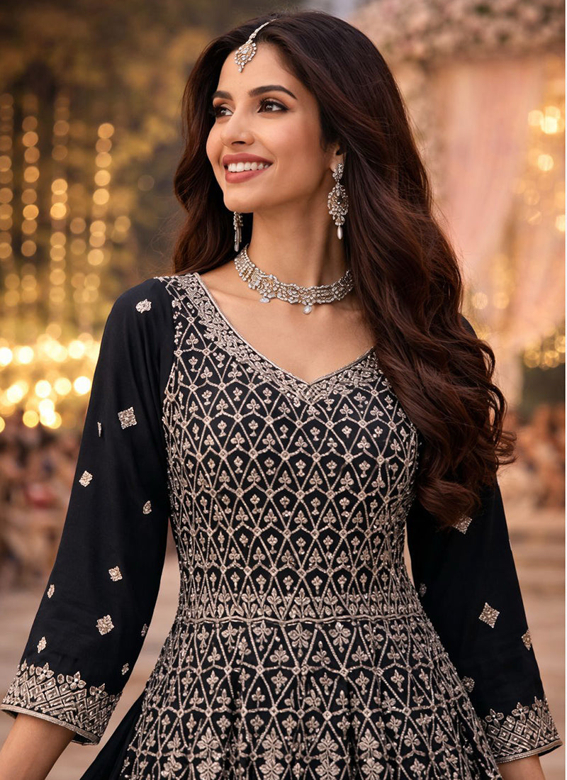 Black Georgette Embroidery Work Wedding Wear Readymade Plazzo Suit SW679578