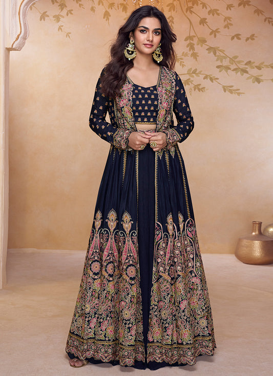Georgette Black Wedding Wear Embroidery Work Readymade Anarkali Suit 384428
