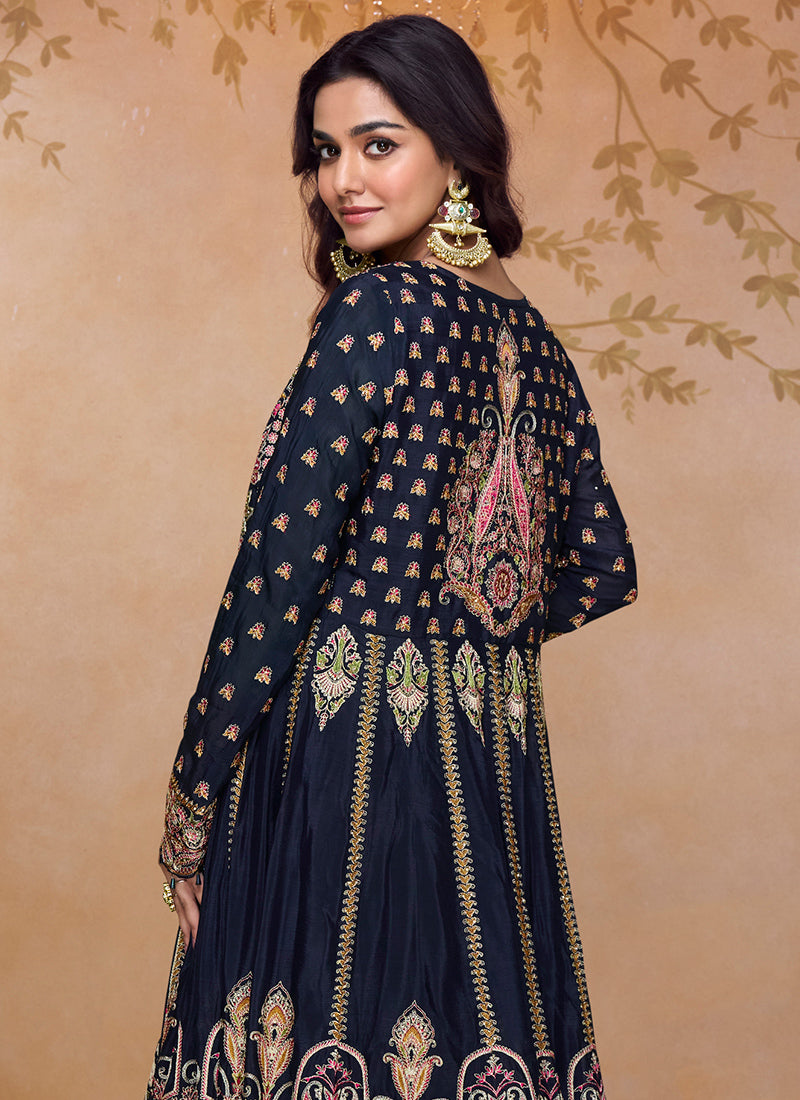 Georgette Black Wedding Wear Embroidery Work Readymade Anarkali Suit 384428