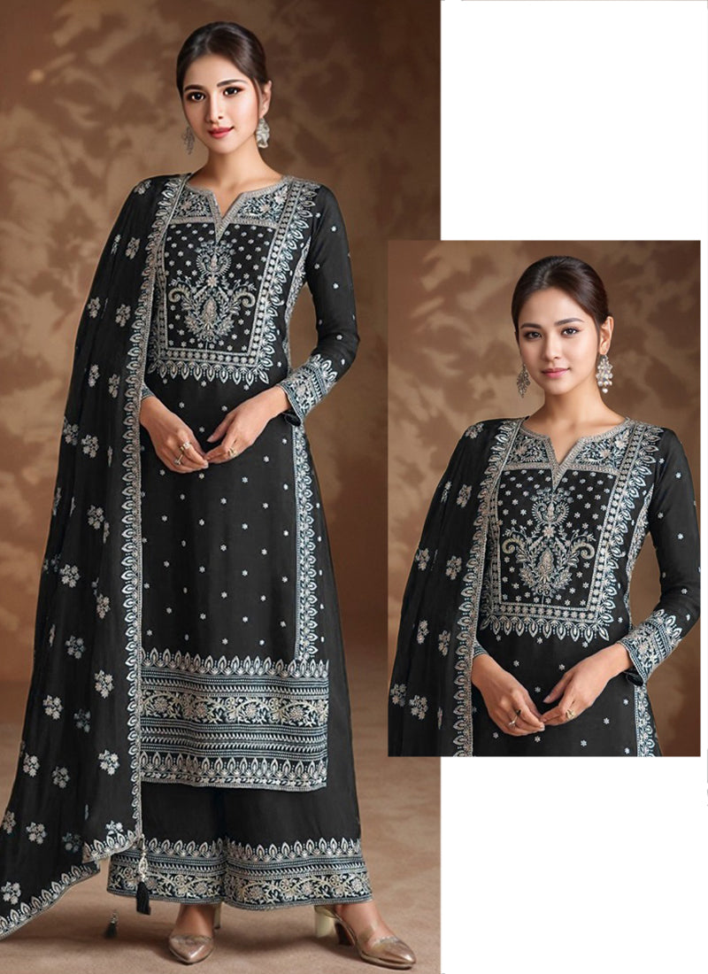 Heavy Chinon Black Eid Wear Sequins Embroidery Work Readymade Pakistani Suit 388181