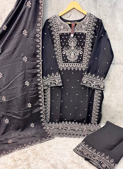 Heavy Chinon Black Eid Wear Sequins Embroidery Work Readymade Pakistani Suit 388181