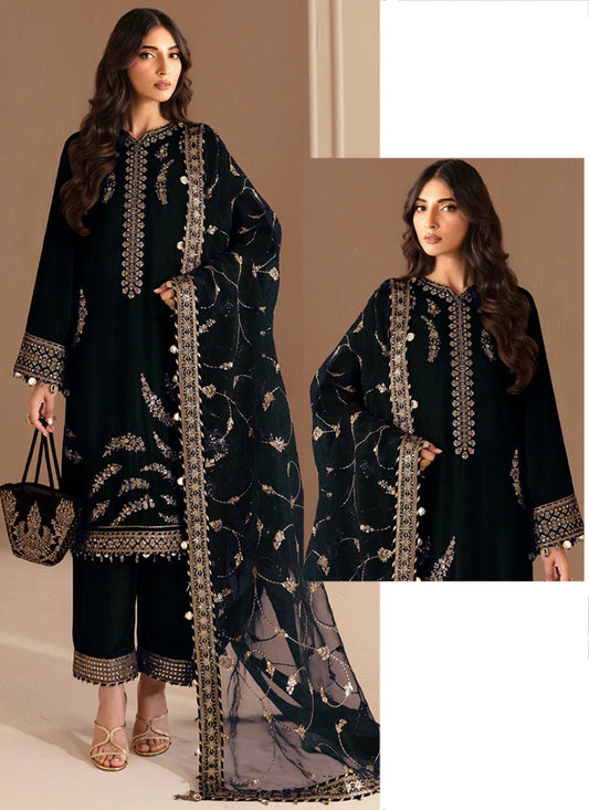 Heavy Chinon Black Eid Wear Zari Work Readymade Pakistani Suit 388185
