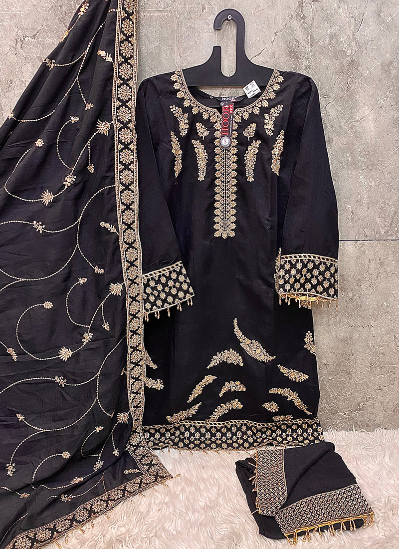 Heavy Chinon Black Eid Wear Zari Work Readymade Pakistani Suit 388185