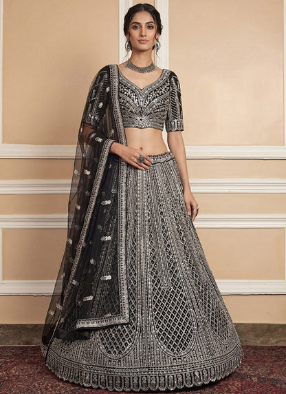 Black Heavy Net Zari & Sequins Embroidery Work Wedding Wear Wedding Lehenga Choli SW347119