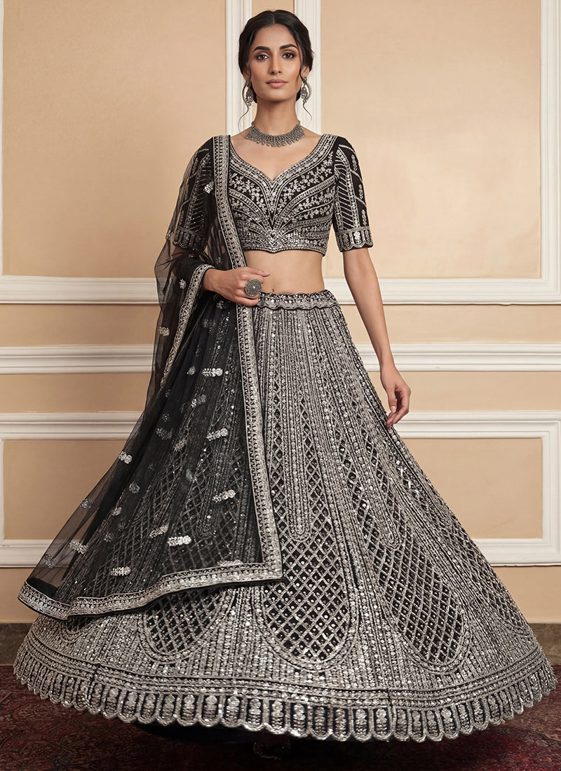 Black Heavy Net Zari & Sequins Embroidery Work Wedding Wear Wedding Lehenga Choli SW347119