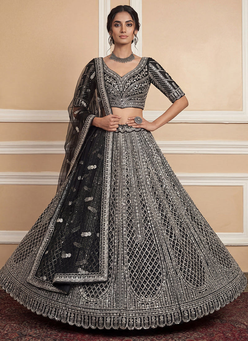 Black Heavy Net Zari & Sequins Embroidery Work Wedding Wear Wedding Lehenga Choli SW347119