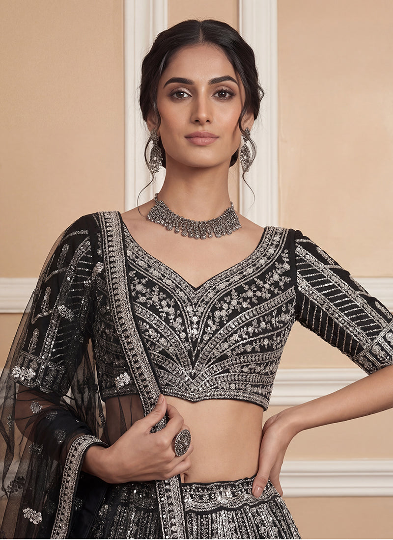 Black Heavy Net Zari & Sequins Embroidery Work Wedding Wear Wedding Lehenga Choli SW347119