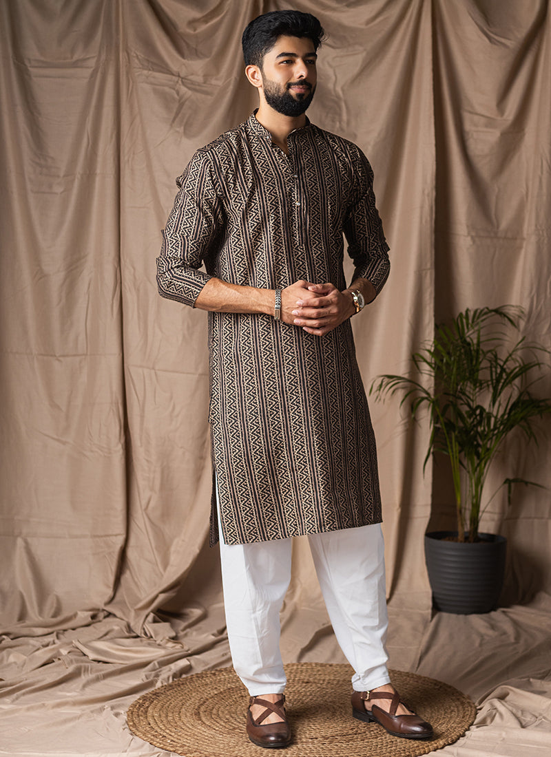 Black Modal Silk Printed Work Festival Wear Readymade Kurta Pajama SW690668