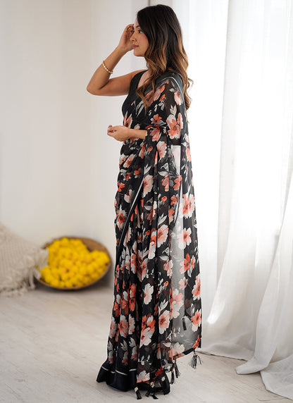 Moss Satin Patta Black Daily Wear Floral Print Work Saree 388517