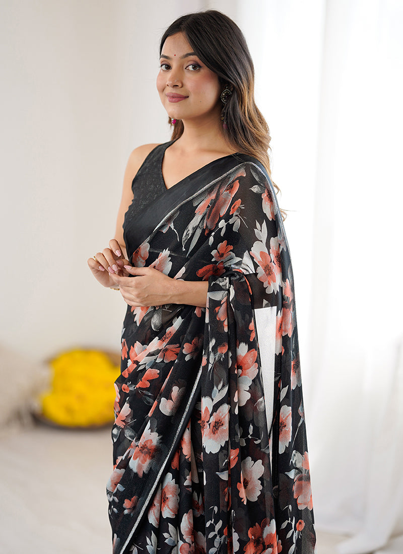 Moss Satin Patta Black Daily Wear Floral Print Work Saree 388517