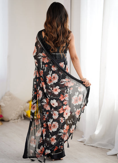 Moss Satin Patta Black Daily Wear Floral Print Work Saree 388517