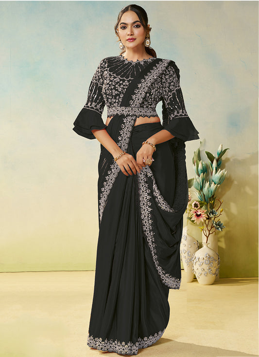 Black Natural Satin Silk Sequin Work Party Wear Ready To Wear Saree SW343497