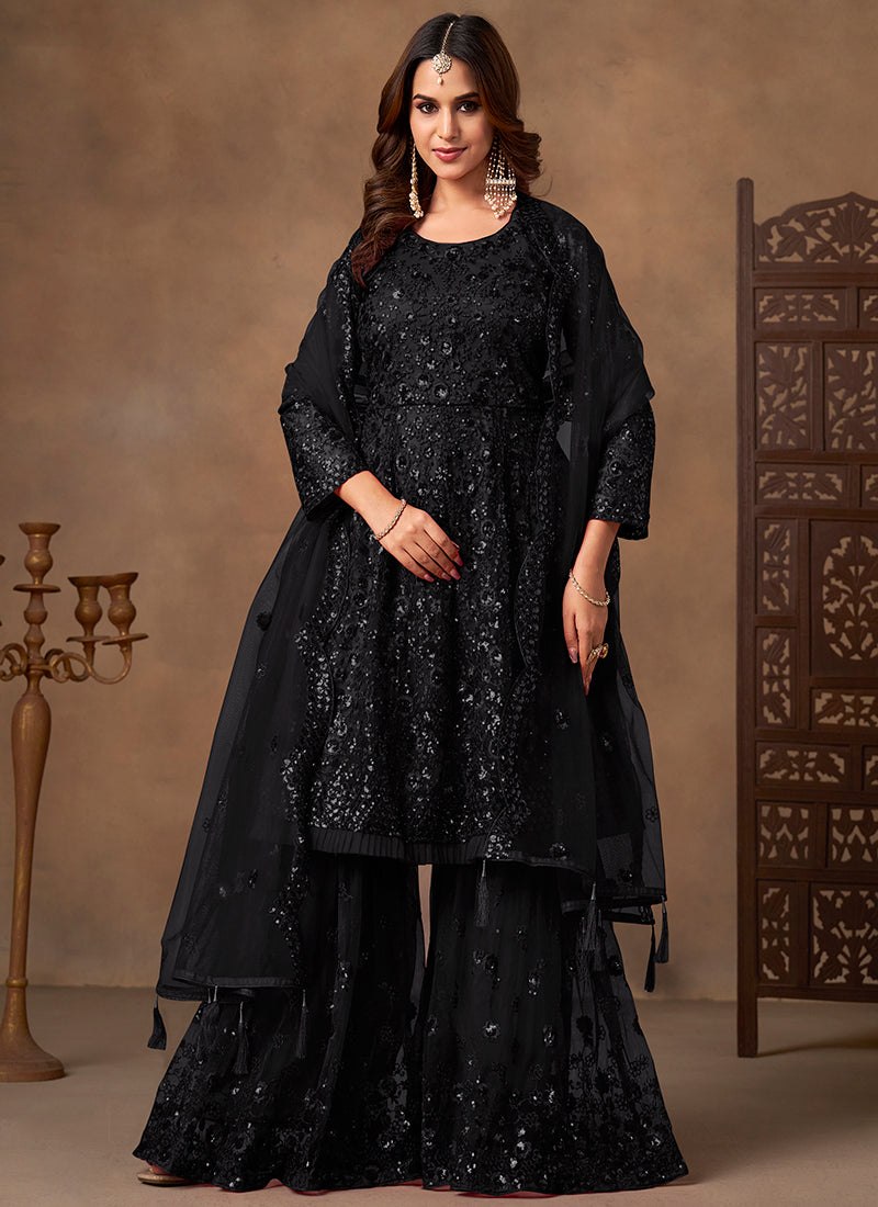 Black Net Sequins Work  Eid Wear Sharara Suit SW257894