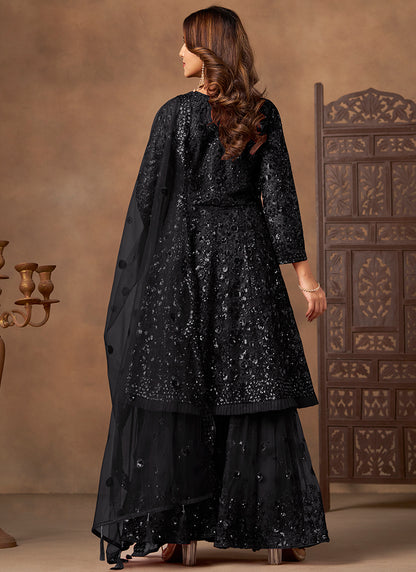 Black Net Sequins Work  Eid Wear Sharara Suit SW257894