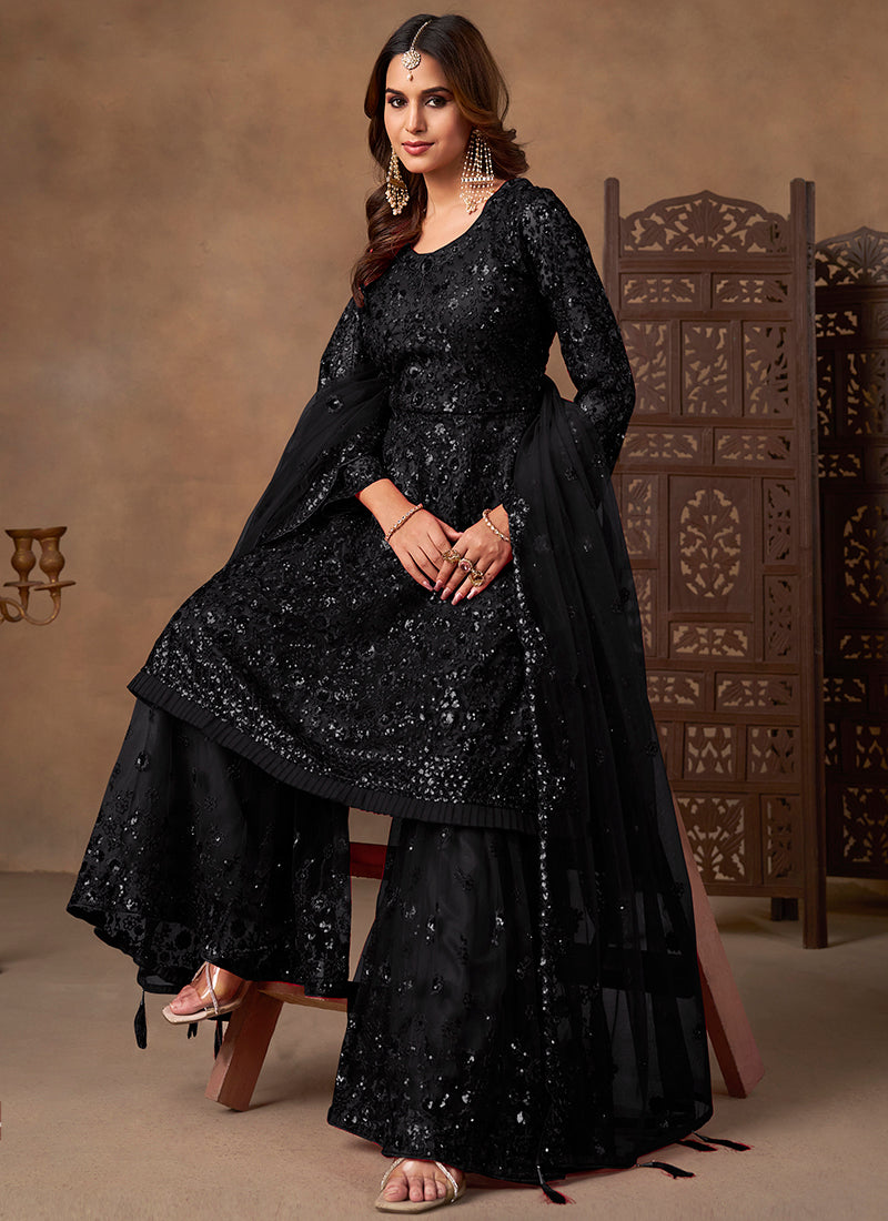 Black Net Sequins Work  Eid Wear Sharara Suit SW257894