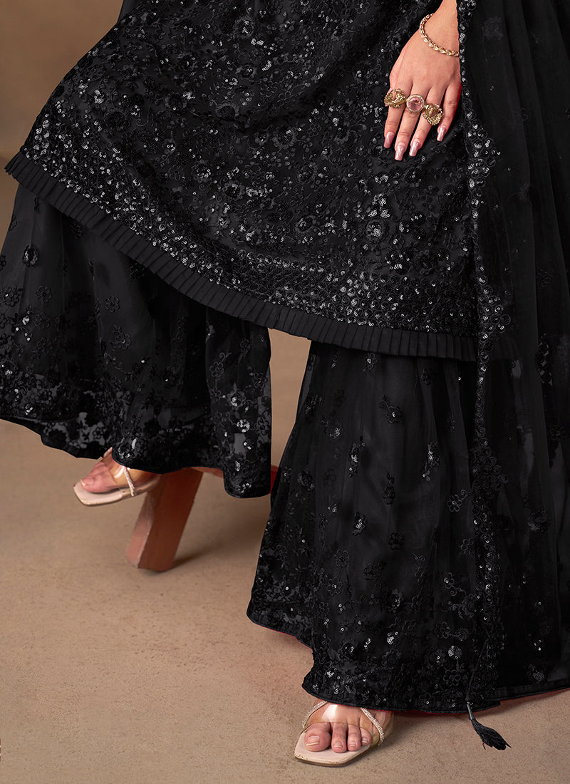 Black Net Sequins Work  Eid Wear Sharara Suit SW257894