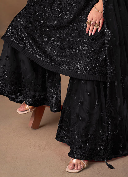 Black Net Sequins Work  Eid Wear Sharara Suit SW257894