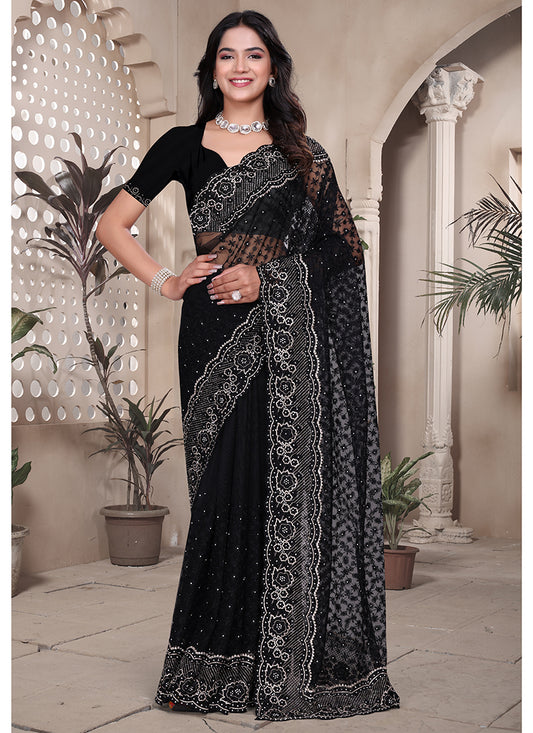 Net Black Saree with Thread Work for Festival Wear 380460