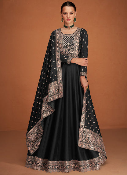 Premium Silk Black Party Wear Sequin Embroidery Work Anarkali Gown 386163
