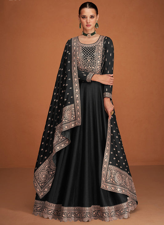 Premium Silk Black Party Wear Sequin Embroidery Work Anarkali Gown 386163