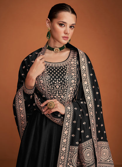 Premium Silk Black Party Wear Sequin Embroidery Work Anarkali Gown 386163