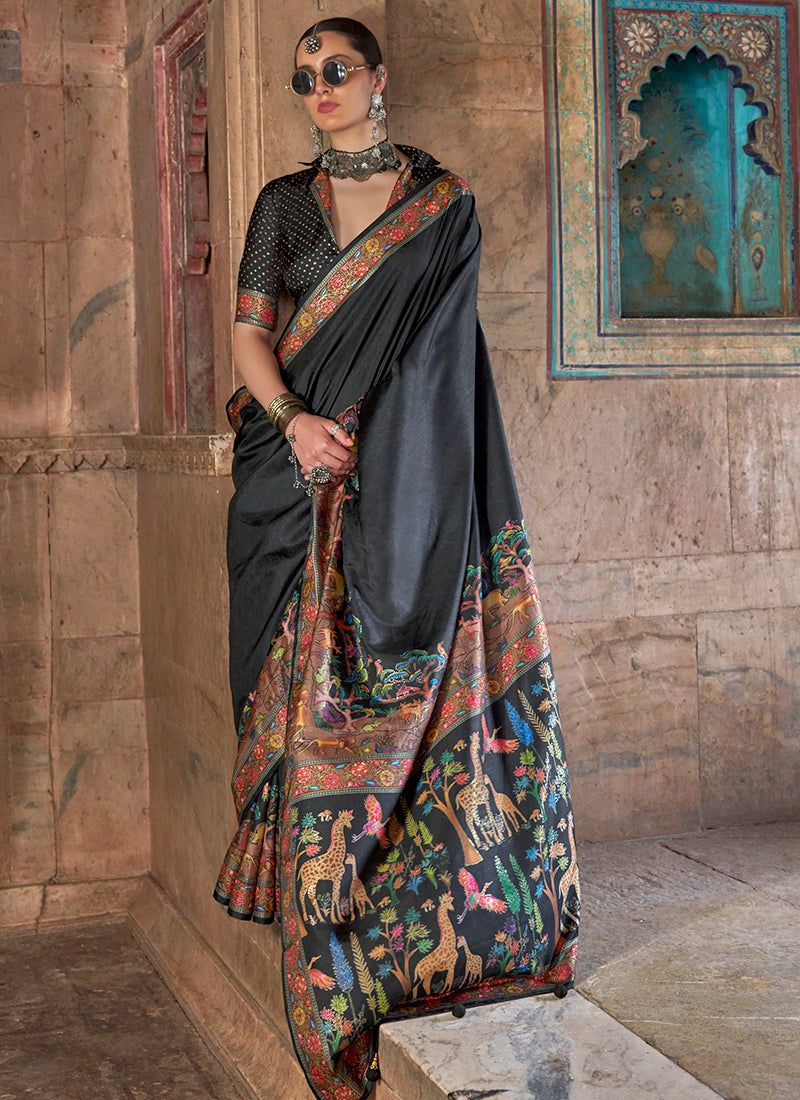 Pv Silk Black Saree with Printed Work for Designer Wear 385130