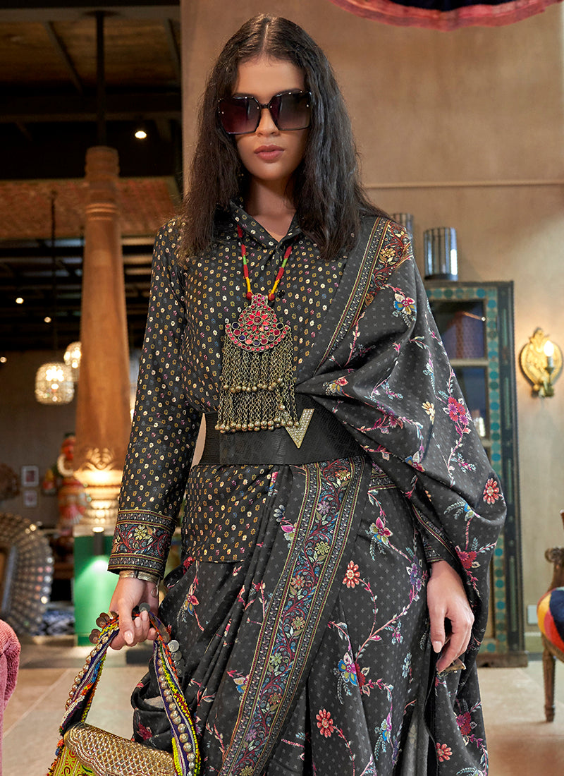 Pv Silk Black Party Wear Printed Work Saree 385828