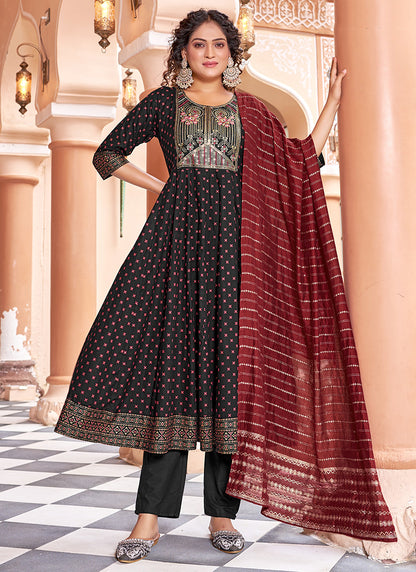Rayon Black Casual Wear Sequin Work Readymade Anarkali Suit 382167