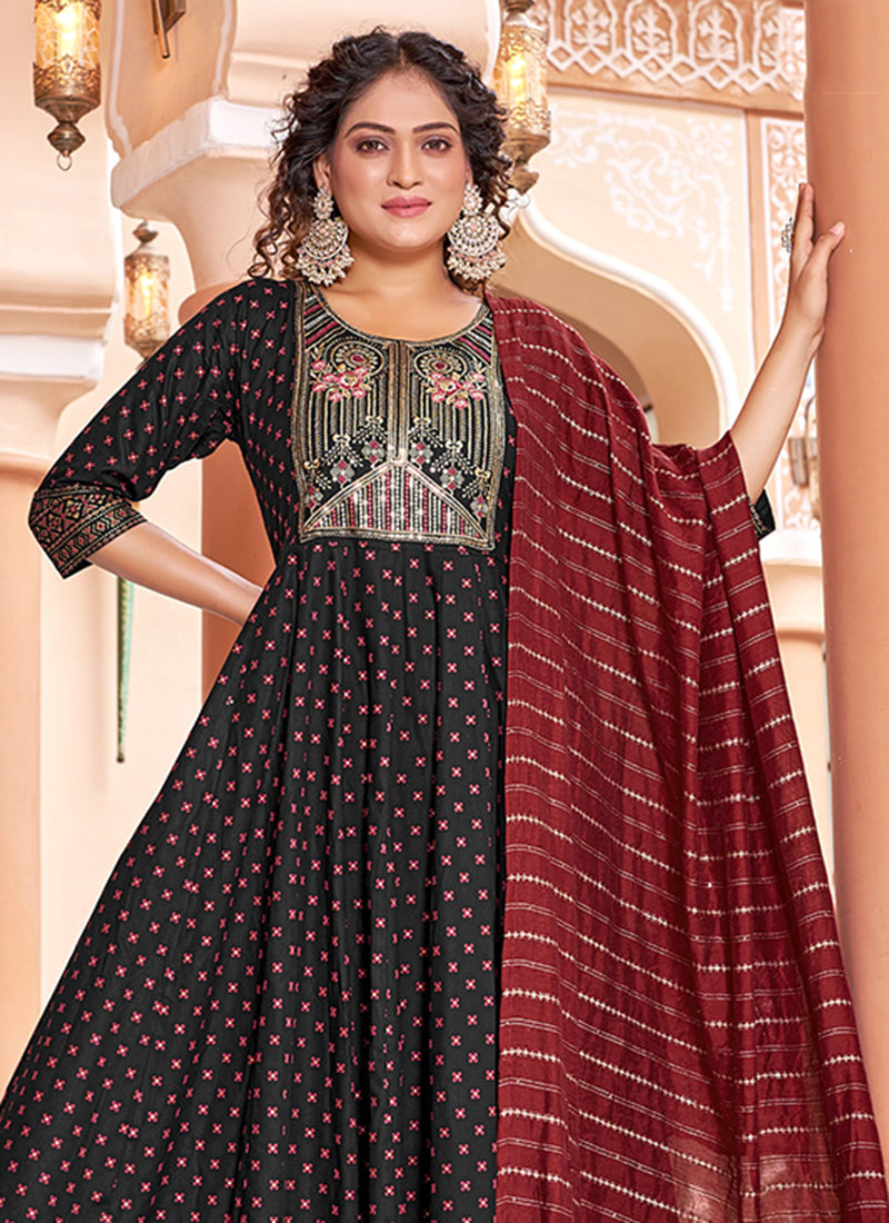 Rayon Black Casual Wear Sequin Work Readymade Anarkali Suit 382167