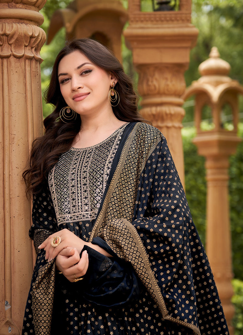 Rayon Black Casual Wear Sequin Work Readymade Anarkali Suit 380559