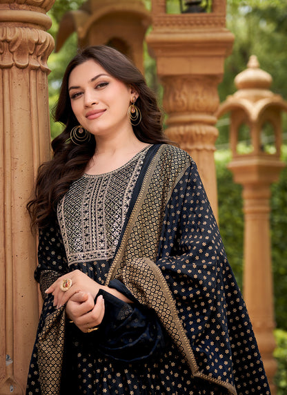 Rayon Black Casual Wear Sequin Work Readymade Anarkali Suit 380559