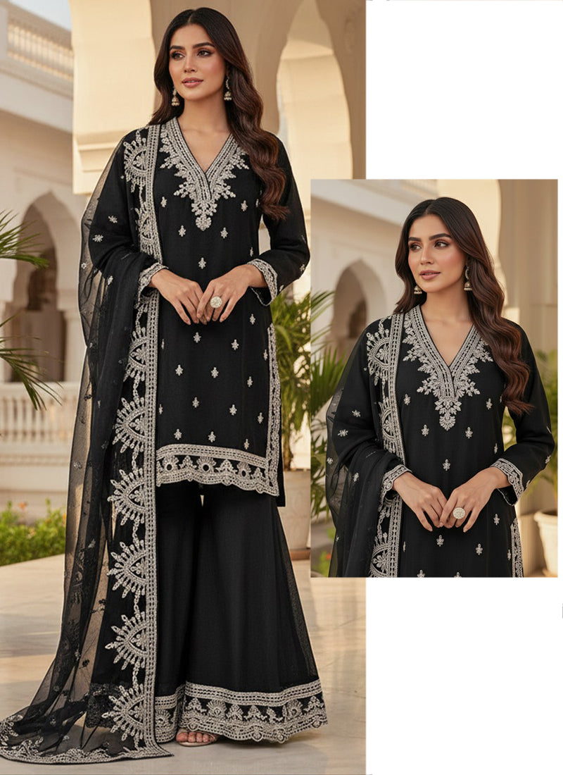Real Chinon Black Eid Wear Zari Work Readymade Pakistani Suit 388110