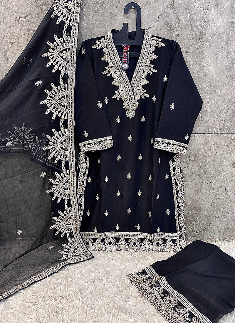 Real Chinon Black Eid Wear Zari Work Readymade Pakistani Suit 388110
