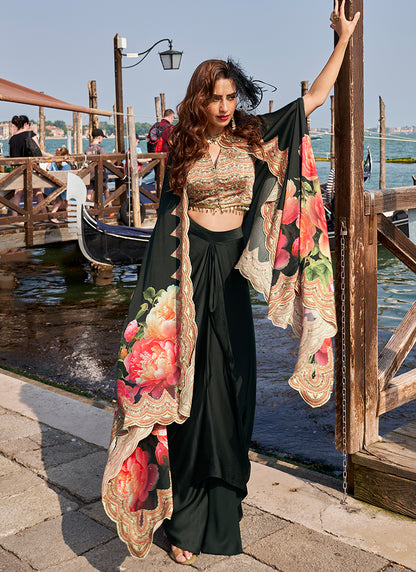 Real French Crepe Silk Black Party Wear Digital Print Work Readymade Designer Plazzo Suit 387227