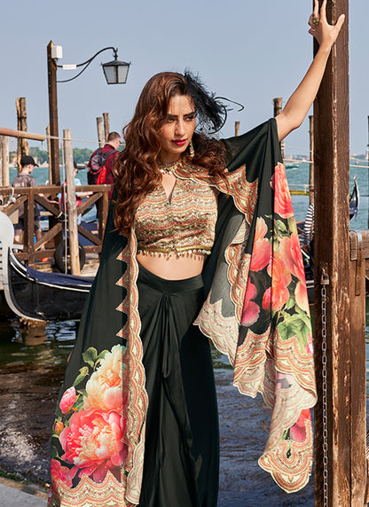 Real French Crepe Silk Black Party Wear Digital Print Work Readymade Designer Plazzo Suit 387227