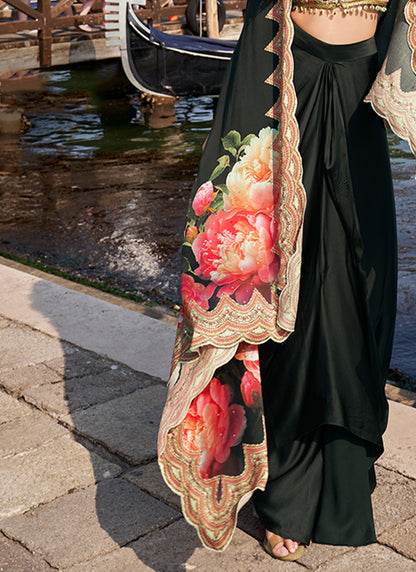 Real French Crepe Silk Black Party Wear Digital Print Work Readymade Designer Plazzo Suit 387227
