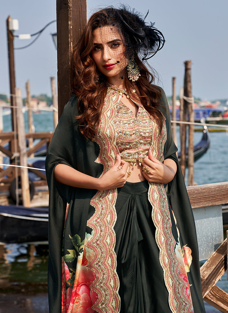 Real French Crepe Silk Black Party Wear Digital Print Work Readymade Designer Plazzo Suit 387227