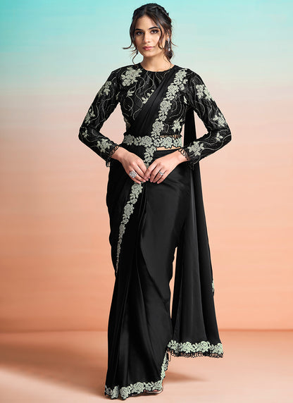 Black Satin Silk Embroidery Work Festival Wear Readymade Saree SW518855
